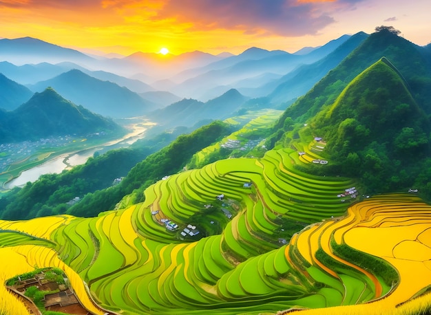 Bellissime terrazze di riso circondate da montagne e tramonto ai generati