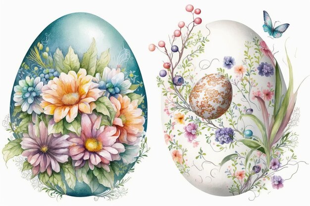 Bellissime uova di Pasqua colorate con sfondo bianco acquerello motivo floreale AI generativa