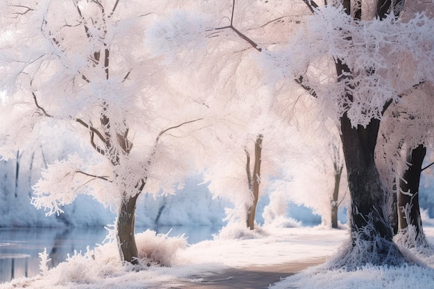 Bellissimi alberi nella neve all'alba