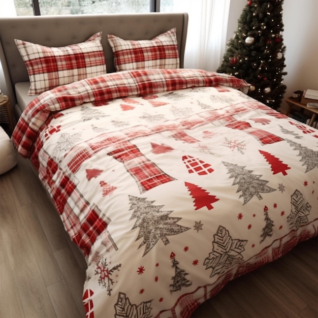 bellissimi alberi sul letto coperta bianca con colori rosso e verde