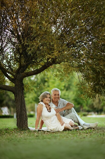 Bellissimi anziani felici seduti nel parco autunnale