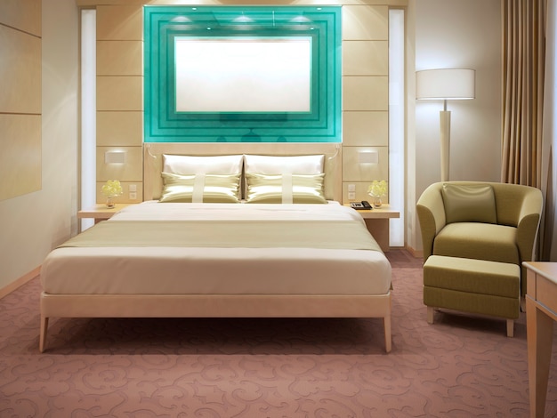 Bellissimi appartamenti dell'hotel con pareti in pannelli modanati, letto matrimoniale, poltrona con cuscini, lampada da terra con paralume bianco. Rendering 3D