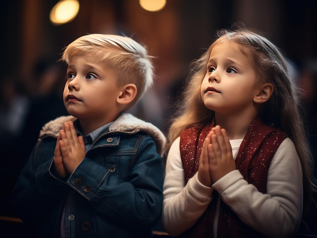 Bellissimi bambini che pregano Dio all'interno di una chiesa