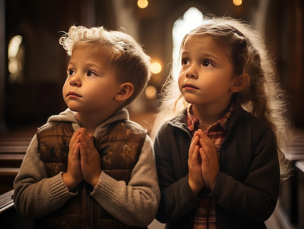 Bellissimi bambini che pregano Dio all'interno di una chiesa