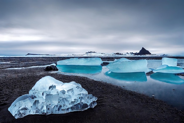 Bellissimi banchi di ghiaccio blu brillante giacciono sulla sabbia sulla spiaggia islandese