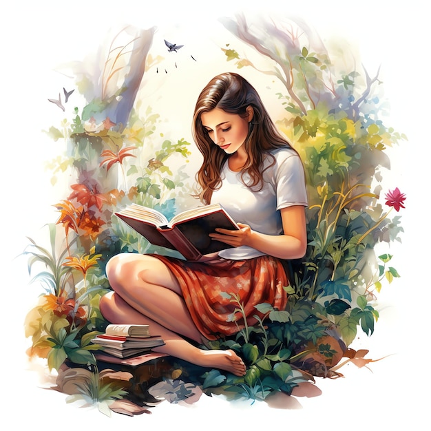 bellissimi bookworm che si godono il loro tempo di lettura in un ambiente naturale acquerello clipart