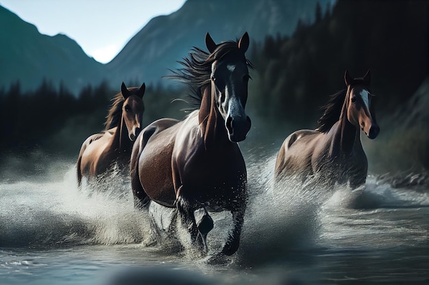 Bellissimi cavalli bai corrono al galoppo nell'acqua sotto la pioggiagenerativa ai