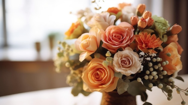 Bellissimi centrali floreali di lusso per il matrimonio Bouquet di fiori in un vaso o in un vaso sul tavolo nuziale o come decorazione in una cena romantica o in un ricevimento al tavolo nuziale Spazio per copiare