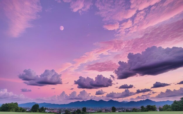 Bellissimi cieli e nuvole rosa pastello e viola di notte mentre il sole tramonta