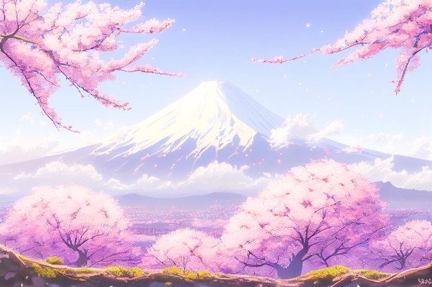 Bellissimi ciliegi rosa e il Monte Fuji sullo sfondo di questo sfondo di uno scenario anime giapponese