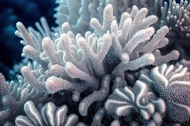 Bellissimi coralli marini ermatipici bianchi elaborati di varie specie sotto il mare