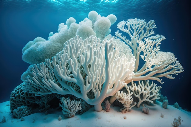 Bellissimi coralli marini ermatipici bianchi elaborati di varie specie sotto il mare