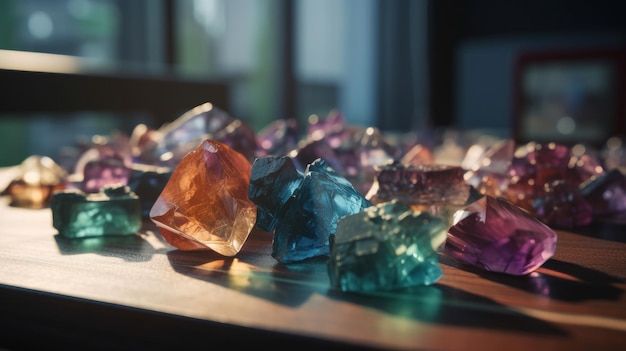 Bellissimi cristalli di fluorite multicolore adagiati su un tavolo creato con ai generativa