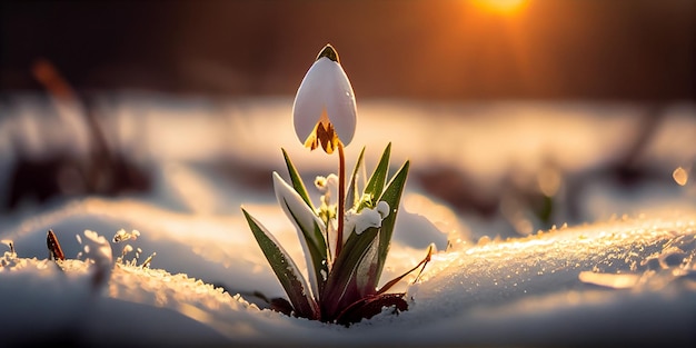 Bellissimi crochi che crescono attraverso la neve con il sole sullo sfondo della natura Banner generato dall'AI