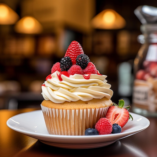 Bellissimi cupcakes alla vaniglia e limone con glassa al formaggio cremoso decorati con mirtilli freschi