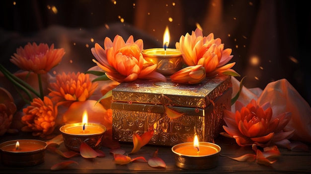 Bellissimi diwali diya con regali e fiori Felici