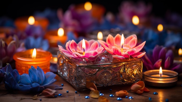 Bellissimi diwali diya con regali e fiori Felici