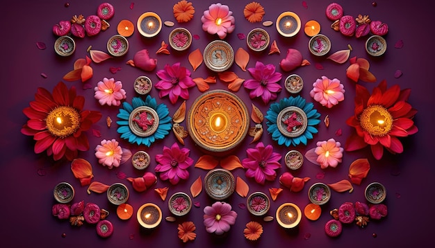 bellissimi diyas colorati su uno sfondo viola