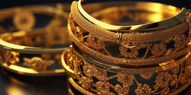 bellissimi e lussuosi braccialetti d'oro sulla mano del supporto per gioielli