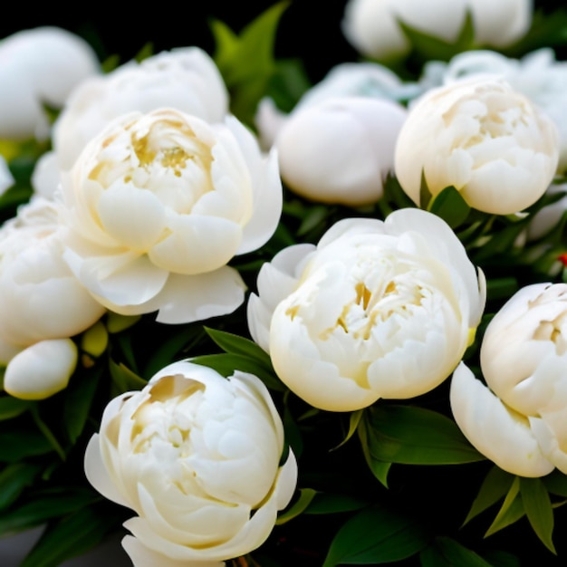 Bellissimi fiori bianchi di peonia da vicino La peonia è un genere di piante erbacee perenni e arbusti a foglia caduca pioggia simile alla pioggia Famiglia Paeoniaceae Bouquet profumato Generato da AI Crema colorata