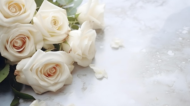 Bellissimi fiori bianchi rose su sfondo di marmo