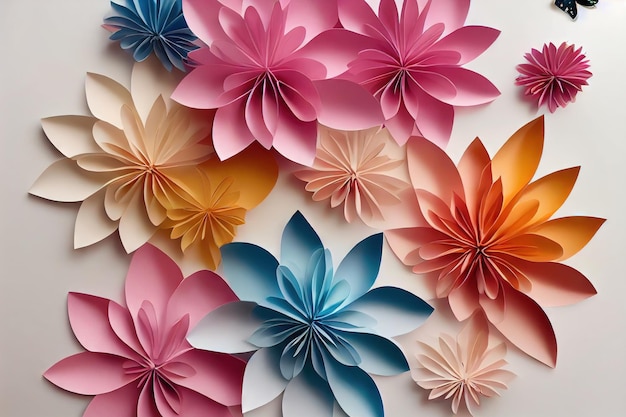 Bellissimi fiori colorati di carta su sfondo bianco