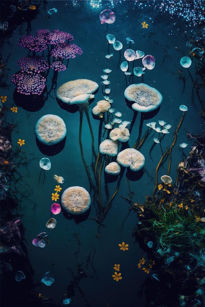 bellissimi fiori colorati sott'acqua artistica vista ravvicinata di fiori ai generativa