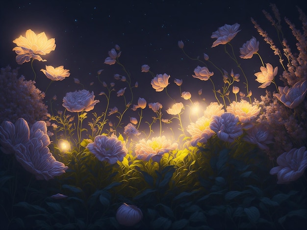 Bellissimi fiori con luci colorate di notte ai generati