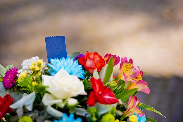 Bellissimi fiori con un'insegna vuota per l'iscrizione.