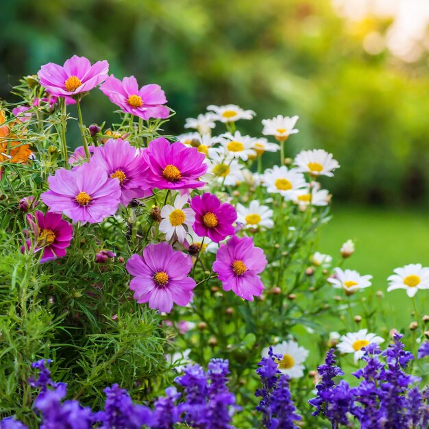 Bellissimi fiori cosmici nel giardino Sfondio naturale Focalizzazione selettiva