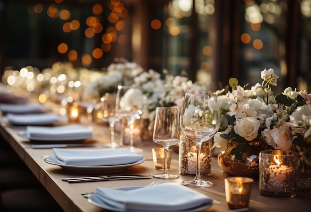 Bellissimi fiori decorati sul tavolo Tavoli disposti per un evento, una festa o un ricevimento nuziale di lusso