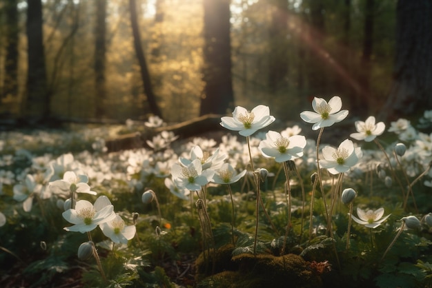 Bellissimi fiori di anemone bianco che fioriscono nella foresta