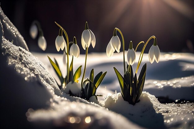Bellissimi fiori di bucaneve nella neve Primi fiori primaveriligenerativi ai