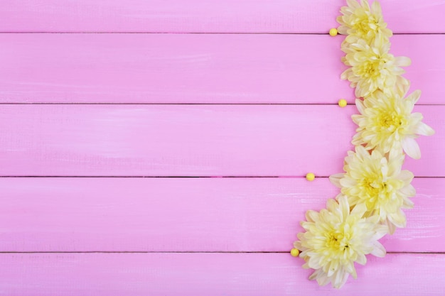 Bellissimi fiori di crisantemo su fondo di legno rosa