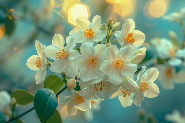 Bellissimi fiori di gelsomino bianco in fiore su un ramo di albero con uno sfondo blu morbido