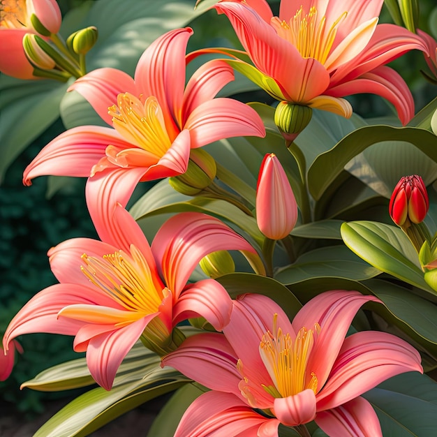 Bellissimi fiori di giglio rosa corallo con foglie verdi di Lilium veri gigli la fioritura erbacea