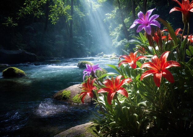 Bellissimi fiori di giglio sullo sfondo di un fiume di montagna