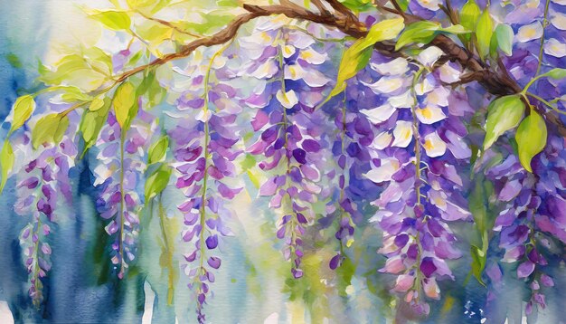 Bellissimi fiori di glicine viola in natura pittura bagnata liscia disegnata a mano