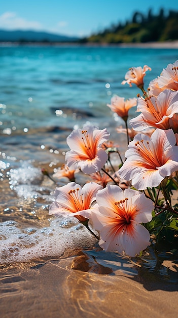 Bellissimi fiori di ibisco rosa sulla spiaggia in estate