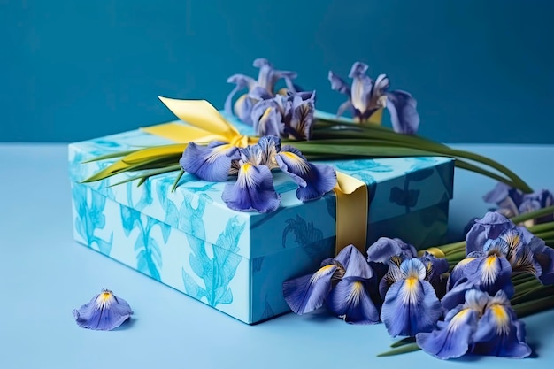 Bellissimi fiori di iris freschi scatole regalo e ver sfondo blu pastello Vista dall'alto piatta con spazio per la copia del testo ai generativa