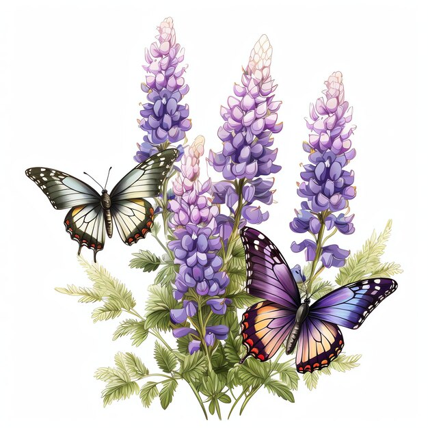 bellissimi fiori di lupino con farfalle illustrazione clipart acquerello