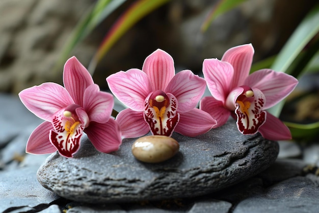 Bellissimi fiori di orchidee rosa e pietre zen in primo piano