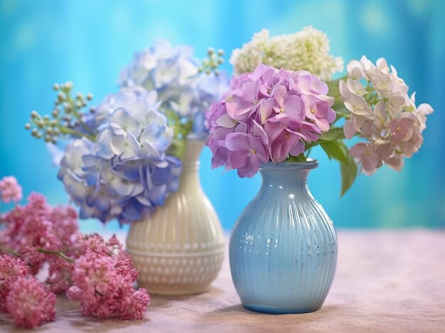 bellissimi fiori di ortensia in un vaso su un tavolo Bouquet di lilla azzurro e spilla AI generativa