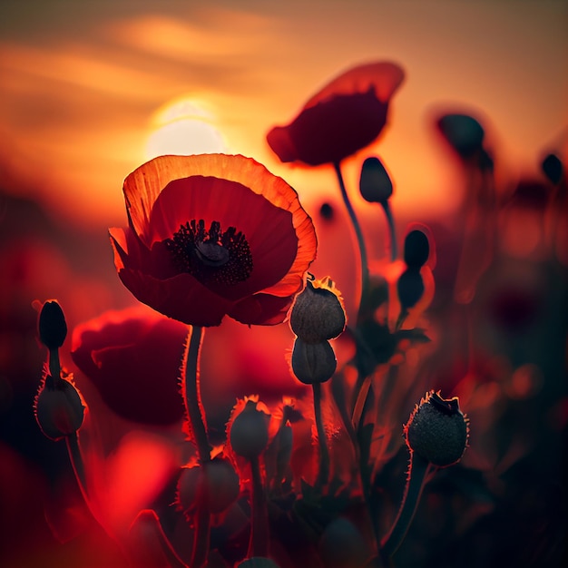 Bellissimi fiori di papavero in campo in erba con sfondo tramonto ai generativo