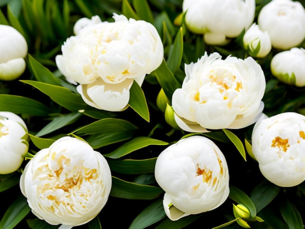 Bellissimi fiori di peonia color crema e bianchi da vicino La peonia è un genere di piante erbacee perenni e arbusti a foglia caduca pioggia simile alla famiglia delle peonie Paeoniaceae Bouquet profumato generato da AI