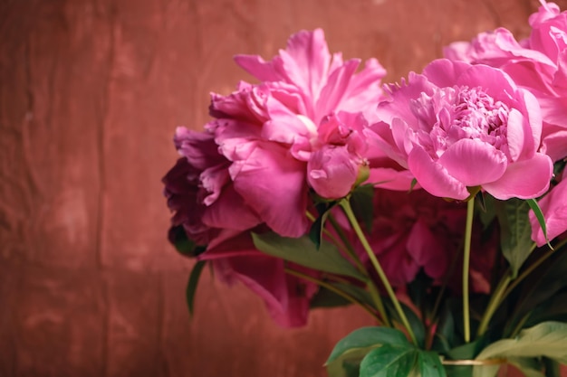 Bellissimi fiori di peonia in vaso su un tavolo di legno e sullo sfondo rosso della parete