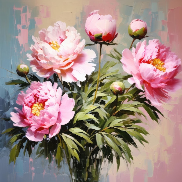Bellissimi fiori di peonia rosa Pittura d'arte floreale