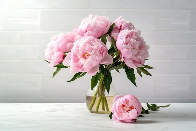 Bellissimi fiori di peonia rosa su un tavolo bianco