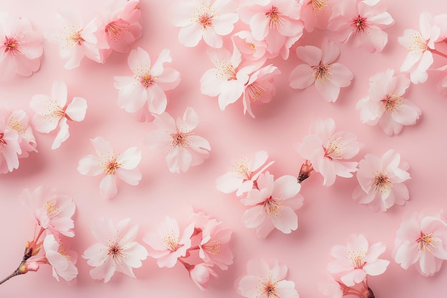 Bellissimi fiori di sakura su sfondo rosa vista superiore modello floreale primaverile