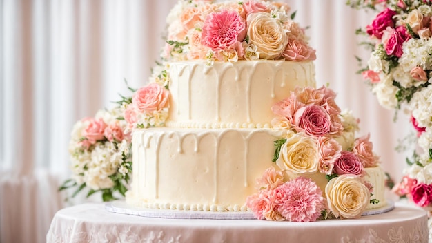 Bellissimi fiori di torta nuziale a più livelli